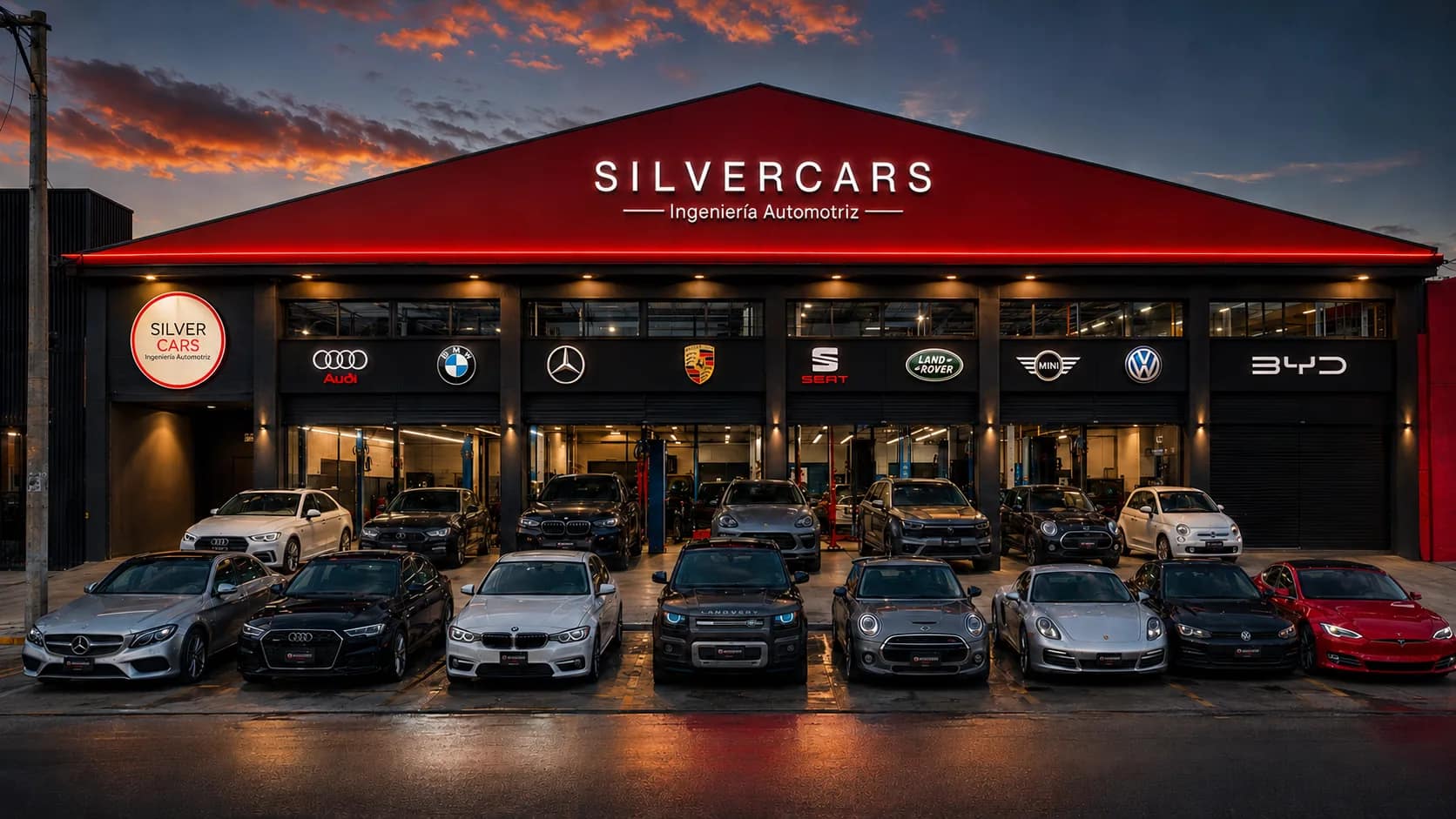 Fachada de Silver Cars con vehículos de alta gama al frente del taller.