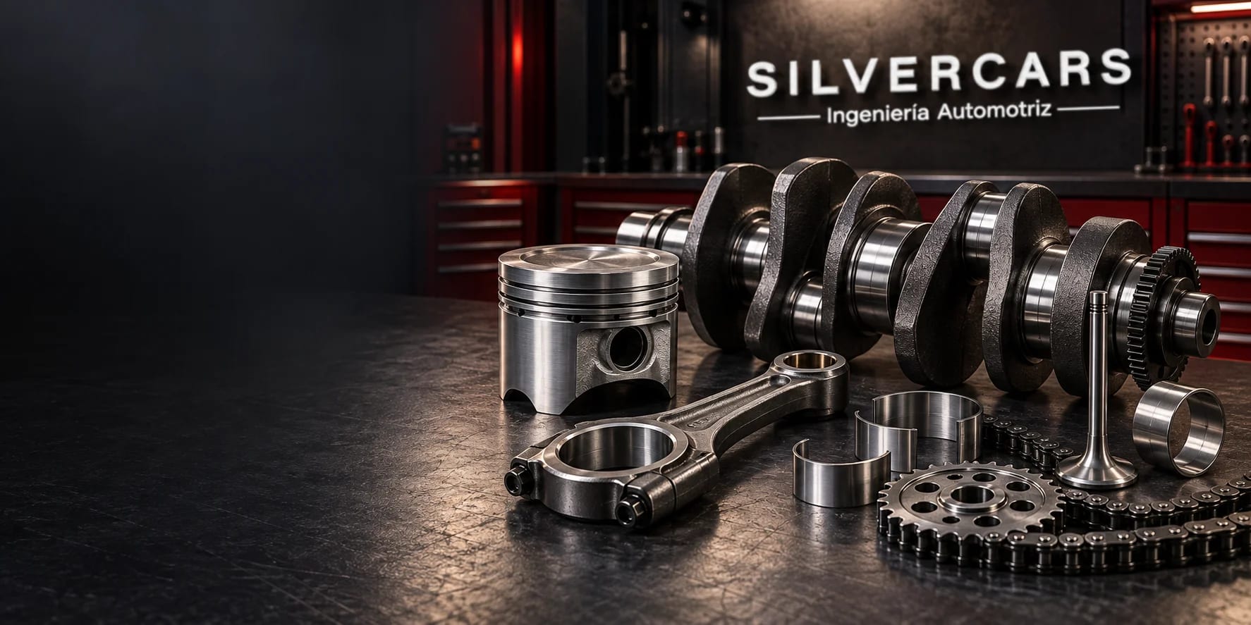 Composición de repuestos de motor: pistón, cigüeñal, biela y distribución junto a la marca Silver Cars.