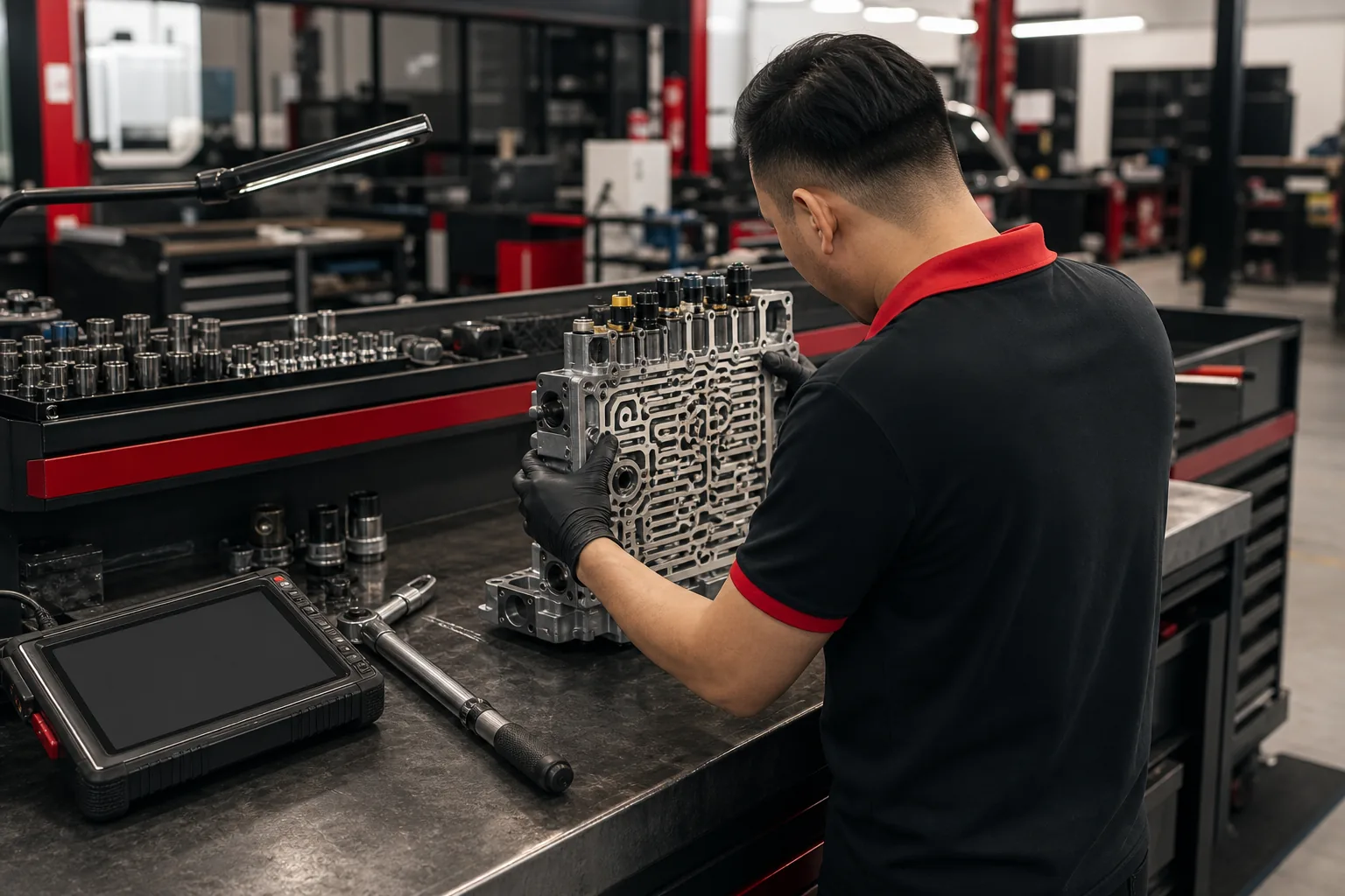 Recreación visual de la inspección de un cuerpo de válvulas de caja automática sobre un banco técnico.