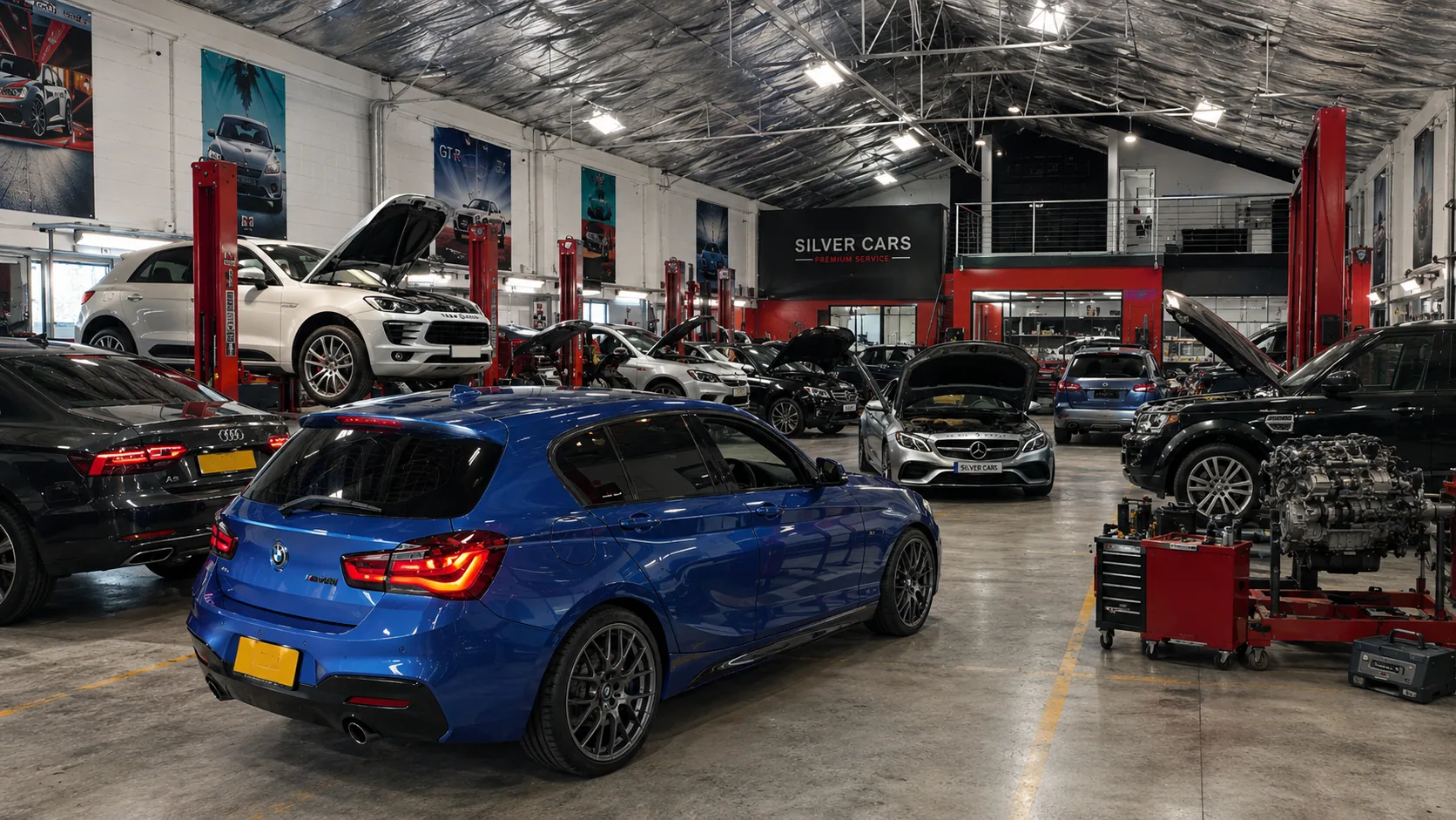 Vista amplia de Silver Cars con BMW azul, vehículos premium en servicio y motor en banco.