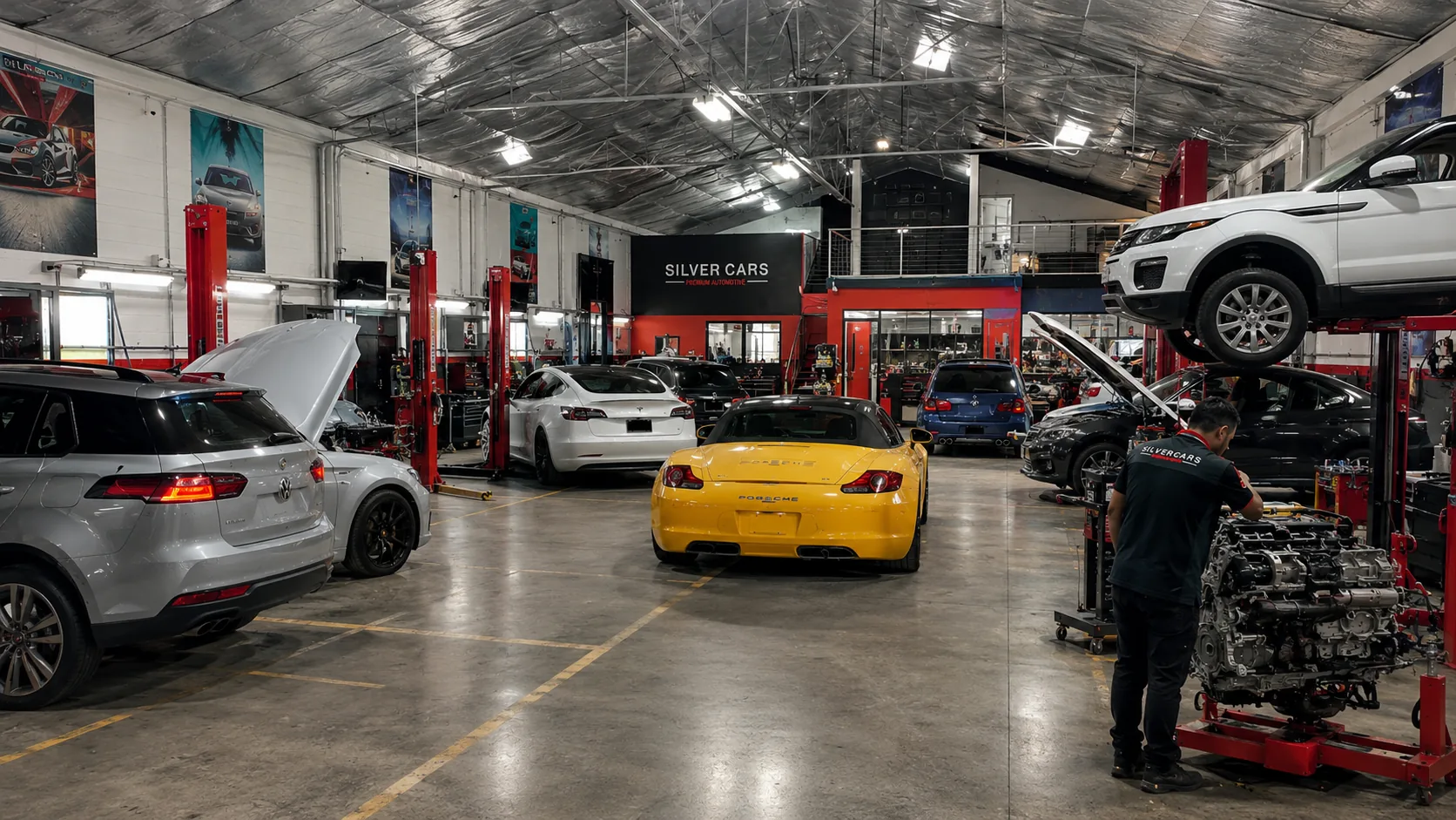 Vista panorámica del taller Silver Cars con Porsche amarillo, elevadores y técnico trabajando en motor.