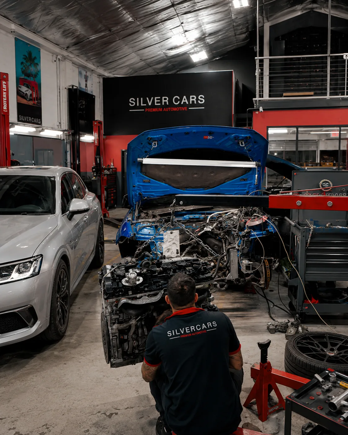 Motor desmontado y técnico trabajando dentro del taller Silver Cars.