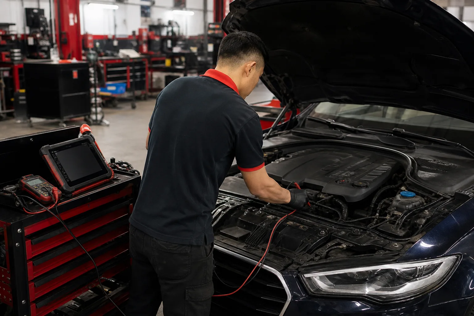 Recreación visual de un diagnóstico electrónico con escáner y multímetro en un taller automotriz.