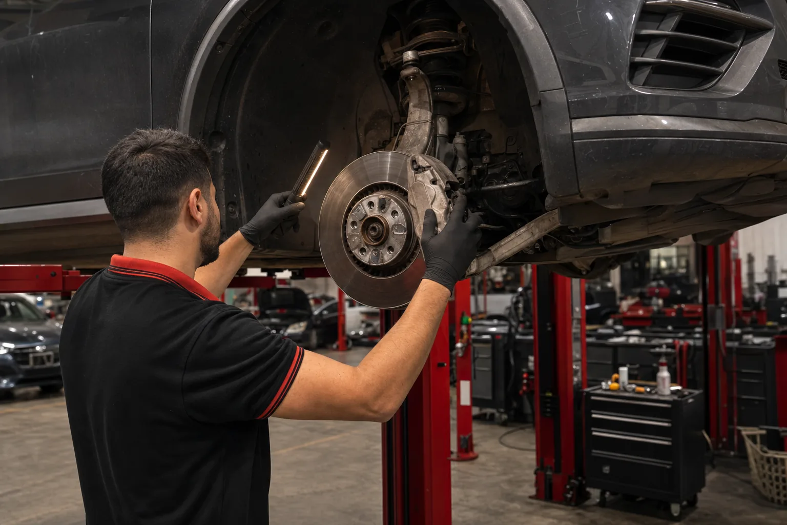 Recreación visual de una inspección de frenos y suspensión en un taller automotriz.