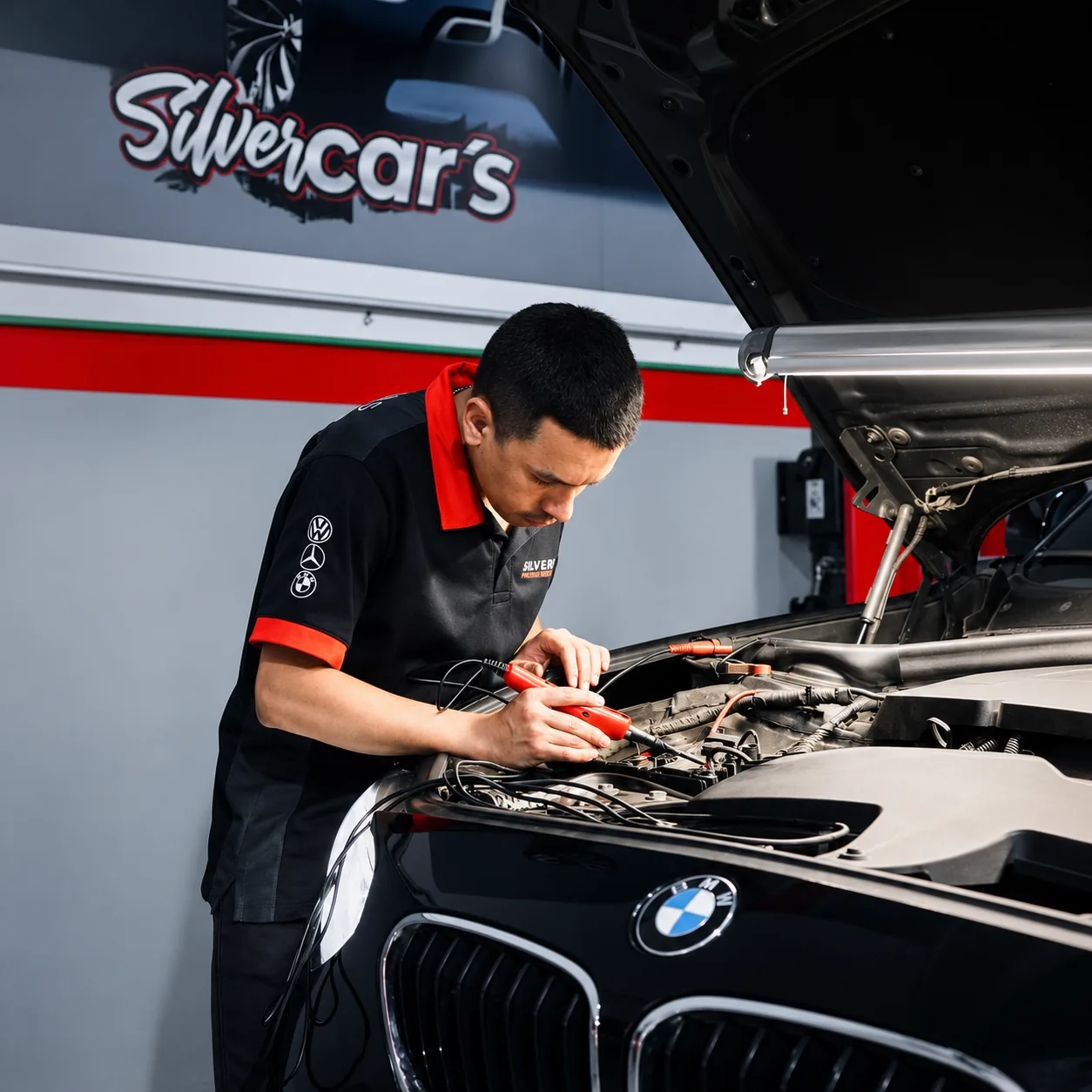 Técnico de Silver Cars revisando el vano motor de un BMW en el taller de Medellín.