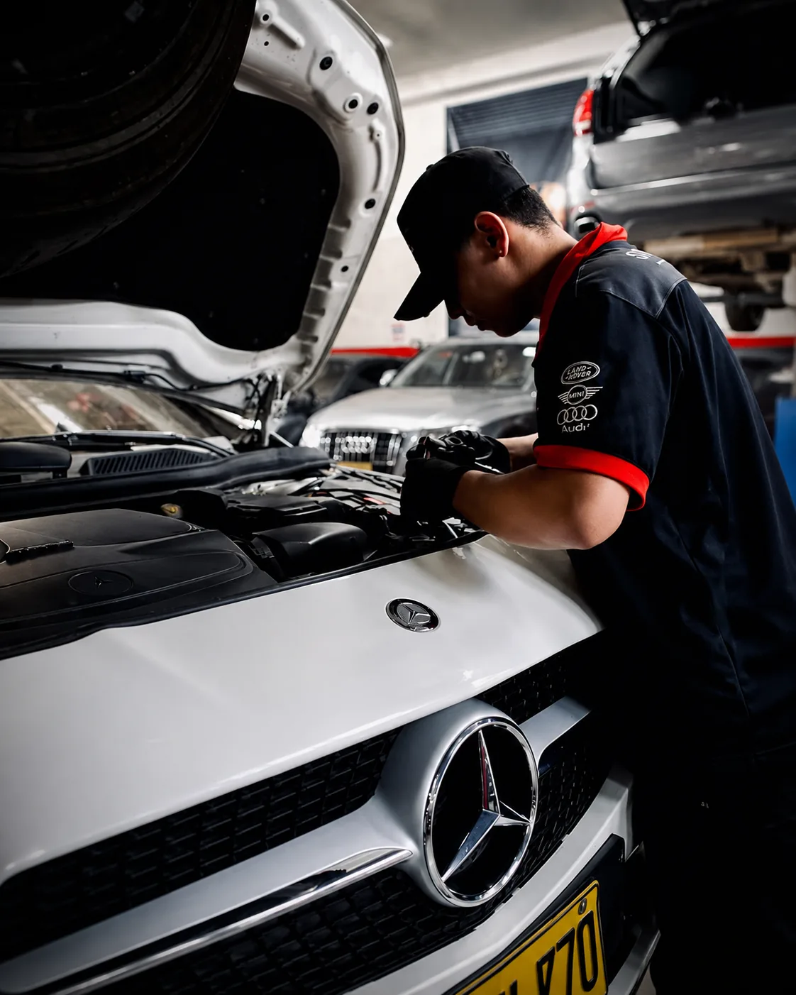 Técnico de Silver Cars conectando el escáner al conector de diagnóstico de un Mercedes-Benz.