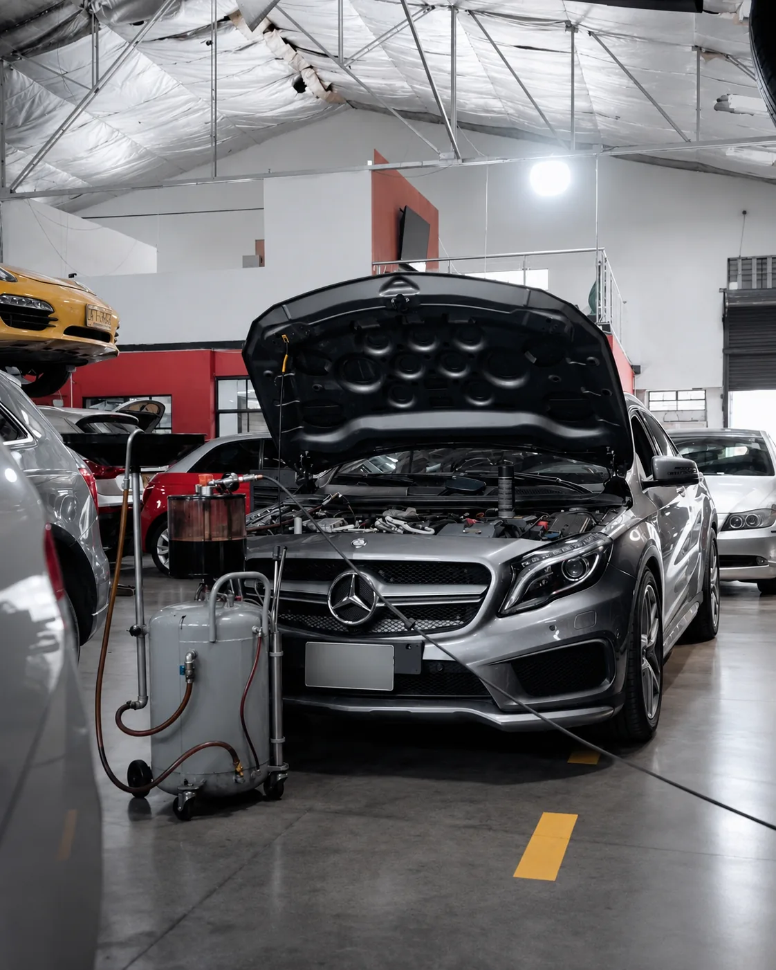 Vehículo Mercedes-Benz en la bahía de servicio del taller Silver Cars en Medellín.